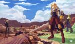  2girls 3girls absurdres after_battle agrias_oaks archer_(fft) armor arrow_(projectile) battle blue_sky cloud death dual_wielding final_fantasy final_fantasy_tactics grass gun highres hill holding kelzero knight_(fft) multiple_boys multiple_girls mustadio_bunansa ramza_beoulve reis_duelar rock shoulder_armor signature sky sword weapon white_mage white_mage_(fft) 