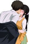  1boy 1girl apron black_hair blush chitanda_eru closed_eyes french_kiss hetero highres hyouka jacket kiss kissing_cheek long_hair long_sleeves mery_(yangmalgage) orange_apron oreki_houtarou ponytail shirt short_hair 