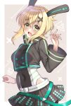  1girl :d akatsuki_kirika black_jacket black_skirt blonde_hair blush commentary_request eyelashes green_eyes hair_ornament hairclip happy highres jacket looking_at_viewer open_mouth senki_zesshou_symphogear short_hair skirt smile solo standing yuuheisyoujyo 