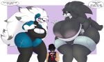  5_fingers angry anthro big_breasts black_body black_clothing black_fur black_hair black_hat black_headwear black_legwear black_leotard black_thigh_highs blue_body blue_bottomwear blue_clothing blue_fur blue_shorts bottomwear breast_size_difference breasts chest_wraps chubby_anthro chubby_female cleavage cleavage_cutout clothed clothing container cross-popping_vein cup dewwydarts dialogue english_text eye_patch eyewear faith_(mercsavior935) female fingerless_gloves fingers fume_(mercsavior935) fur furfrou gas_mask generation_6_pokemon generation_7_pokemon gesture gloves grey_highlights group hair handwear hat headgear headwear hi_res highlights_(coloring) holding_container holding_cup holding_object huge_breasts huge_thighs human legwear leotard long_hair lupin_(mercsavior935) lycanroc male mammal mask midnight_lycanroc multicolored_body multicolored_fur nintendo open_mouth pink_eyes pink_sclera pointing pokemon pokemon_(species) red_eyes scar sharp_teeth shiny_pokemon shorts speech_bubble teeth text thick_thighs thigh_highs trio two_tone_body two_tone_fur wearing_hat wearing_mask white_body white_fur wide_hips wraps 