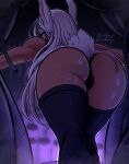 1girl absurdres animal_ears ass ass_focus bare_shoulders blood blood_on_face boku_no_hero_academia dark-skinned_female dark_skin english_commentary facing_away from_behind highleg highleg_leotard highres leaning_forward leotard long_eyelashes long_hair lord_guyis mirko open_mouth purple_thighhighs rabbit_ears rabbit_girl rabbit_tail sleeveless_turtleneck_leotard smile solo tail tail_through_clothes teeth thighhighs thighs toned twitter_username upper_teeth_only white_hair white_leotard 