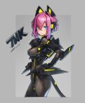  1girl animal_ears armored_bodysuit black_bodysuit black_gloves blue_eyes bodysuit breasts dated fake_animal_ears from_side gloves gradient_background grey_background hair_between_eyes hands_on_own_hips looking_at_viewer medium_breasts original pink_hair short_hair signature solo takada_kazuhiro 