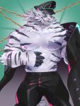  1boy abs animal_ears bara bare_pectorals black_headwear black_pants chain commentary_request dislyte fuga9 furry furry_male green_background jin_qiu_(ru_shou)_(dislyte) looking_at_viewer male_focus pants pectorals ponytail sunglasses tail tiger tiger_boy tiger_ears tiger_stripes tiger_tail topless_male white_fur white_tiger 
