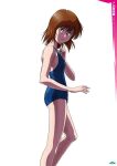  artist_request ass blue_one-piece_swimsuit breasts brown_eyes brown_hair leina_stol long_bangs looking_at_viewer machine_robo medium_breasts one-piece_swimsuit parted_lips short_hair swimsuit third-party_source 