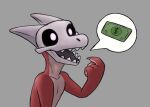  4_fingers banknote black_tongue bone claws currency_symbol dollar_sign fingers gesture glowing glowing_eyes grey_background horn kobold looking_at_another lordflawn male money multicolored_body pointing pointing_at_mouth pointing_at_self purple_eyes red_body scalie shaded simple_background simple_shading skull skull_head solo speech_bubble symbol teeth terri_(lordflawn) tongue two_tone_body undead 