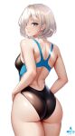  1girl ass bare_arms bare_shoulders breasts eyes_visible_through_hair from_behind grey_eyes hair_over_one_eye highres infinote large_breasts looking_at_viewer looking_back medium_breasts one-piece_swimsuit original parted_lips sashou_mihiro short_hair simple_background smile swimsuit thighs two-tone_swimsuit white_background white_hair 