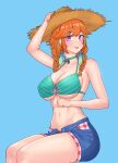  1girl :p arm_up blue_background braid breasts choker denim denim_shorts earrings feather_earrings feathers hat highres hololive hololive_english jewelry large_breasts looking_at_viewer multicolored_hair navel orange_hair pink_eyes ranox shorts simple_background sitting solo stomach straw_hat streaked_hair takanashi_kiara takanashi_kiara_(2nd_costume) thighs tongue tongue_out twin_braids virtual_youtuber 
