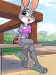  2023 anthro buckteeth clothed clothing disney female flip_flops footwear fur grey_body grey_fur hi_res judy_hopps lagomorph leporid mammal midriff multicolored_body multicolored_fur navel open_mouth open_smile outside purple_eyes rabbit sandals siroc smile solo teeth two_tone_body two_tone_fur white_body white_fur zootopia 