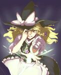  1girl :d amorphous apron black_background black_headwear blonde_hair bow braid commentary_request hand_on_headwear hat hat_bow highres kirisame_marisa long_hair looking_at_viewer master_spark short_sleeves side_braid single_braid smile solo spell_card star_(symbol) touhou waist_apron white_apron white_bow 