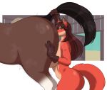  anal anthro anthro_on_feral barn bestiality big_breasts big_butt breasts brown_hair butt canid canine clothing duo equid equine female female_on_feral female_rimming_male feral fox gloves hair hand_on_butt handwear horse huge_breasts jamie_(novaduskpaw) male male/female male_on_anthro mammal raised_tail second_city_saint side_boob stable tail wide_hips 
