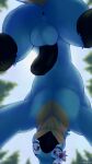  anthro anus avian balls beak big_butt bird black_penis blue_body blue_feathers breath_of_the_wild butt feathers foreskin genitals half-erect hi_res humanoid_genitalia humanoid_penis imminent_facesitting kass_(tloz) looking_at_viewer low-angle_view male nintendo nude penis rinzy rito solo the_legend_of_zelda worm&#039;s-eye_view 