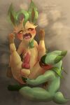  3_toes absurd_res anal anal_fingering anal_orgasm anthro balls bed bodily_fluids cum cum_on_self duo eeveelution feet feral fingering floragato furniture generation_4_pokemon generation_9_pokemon genital_fluids genitals hi_res knot leafeon male male/male nintendo on_bed penis pokemon pokemon_(species) red_penis sousaku_san toes 