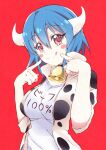  1girl absurdres animal_print bell blue_hair blush blush_stickers breasts brown_eyes cow_girl cow_horns cow_print cowbell highres horns jacket jashin-chan_dropkick large_breasts looking_at_viewer minos_(jashin-chan_dropkick) neck_bell print_jacket red_background shirt short_hair simple_background smile solo tongue tongue_out yuuki_shushu 
