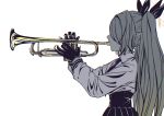  1girl absurdres black_gloves black_necktie black_ribbon blue_archive collared_shirt commentary_request covered_eyes from_side gloves grey_hair hair_over_eyes hair_ribbon halo high-waist_skirt highres holding holding_instrument holding_trumpet instrument iori_(blue_archive) long_hair long_sleeves music necktie playing_instrument pointy_ears profile ribbon shirt simple_background skirt solo trumpet twintails upper_body w_wakase white_background 