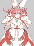  1girl animal_ears blue_eyes breasts cleavage cleavage_cutout clothing_cutout dress elphelt_valentine fake_animal_ears frills guilty_gear guilty_gear_xrd highres kuangren_k large_breasts pink_hair rabbit_ears short_hair solo v wedding_dress 