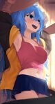  1girl :d armpits arms_up blue_eyes blue_hair blue_skirt breasts commentary english_commentary english_text hair_between_eyes highres holding_another&#039;s_wrist indoors jacket long_hair medium_breasts midriff miniskirt navel open_clothes open_jacket open_mouth original panties pantyshot pink_panties pink_skirt pink_tank_top pleated_skirt skirt smile solo_focus sweat tank_top underwear very_long_hair watermark yoako zipper 
