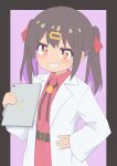  1girl belt black_border black_hair bolo_tie border brown_eyes commentary grin hair_between_eyes hair_ornament hairclip hand_on_own_hip highres holding holding_tablet_pc labcoat long_hair long_sleeves looking_at_viewer multicolored_hair onii-chan_wa_oshimai! open_labcoat oyama_mihari pink_background purple_hair red_skirt rundraw simple_background skirt smile solo tablet_pc twintails two-tone_hair upper_body 