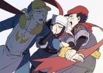  1girl 2boys akari_(pokemon) arm_grab blonde_hair blue_hair clenched_teeth closed_eyes commentary_request hair_over_one_eye hat head_scarf highres long_hair multiple_boys one_eye_covered pokemon pokemon_legends:_arceus red_scarf rei_(pokemon) scarf short_hair simple_background tearing_up teeth volo_(pokemon) white_background yc157_ar 