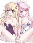  2girls :d aqua_eyes ass bare_arms bare_shoulders black_leotard blonde_hair blue_archive blue_bow blush bow breasts brown_eyes character_request cleavage collarbone commentary_request covered_navel feet_out_of_frame flower grey_eyes hair_flower hair_ornament halo heterochromia leotard long_hair medium_breasts mika_(blue_archive) multiple_girls pink_hair purple_flower simple_background smile strapless strapless_leotard tandohark very_long_hair white_background white_leotard 