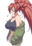  absurdres alternate_costume awesome_crane baiken big_hair breasts eyepatch facial_tattoo green_jacket guilty_gear guilty_gear_strive highres jacket large_breasts long_sleeves looking_to_the_side navel off_shoulder ponytail red_eyes red_hair scar scar_across_eye sleeves_past_wrists tattoo 