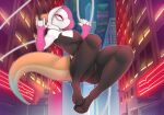  blue_markings brown_body casey_quartz city cityscape clothing creamedpufff girly hi_res male mammal markings marvel mustelid otter spider-gwen spider-man_(series) swinging 