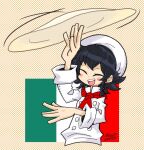  1girl alternate_costume black_hair blush_stickers braid chef closed_eyes food girls_und_panzer ichinana_(dametetujin17) italian_flag italy pepperoni_(girls_und_panzer) pizza short_hair side_braid signature smile solo teeth tossing upper_teeth_only 