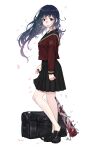  1girl absurdres bag bandaid bandaid_on_face bandaid_on_knee bandaid_on_leg bandaid_on_nose bare_legs baseball_bat black_bag black_footwear black_sailor_collar black_skirt blood blood_on_weapon blue_hair closed_mouth de_yi falling_petals from_side full_body gradient_hair highres holding holding_baseball_bat loafers long_hair long_sleeves looking_at_viewer looking_to_the_side multicolored_hair nail nail_bat original petal_in_mouth petals pleated_skirt purple_hair red_eyes red_shirt sailor_collar school_bag school_uniform serafuku shirt shoes simple_background skirt sleeves_past_wrists solo standing weapon white_background 