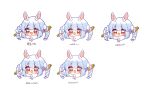  0725akaba 1girl absurdres animal_ear_fluff animal_ears blue_hair blush braid carrot_hair_ornament chibi don-chan_(usada_pekora) food-themed_hair_ornament hair_ornament highres hololive multicolored_hair multiple_views open_mouth rabbit_ears red_eyes short_eyebrows simple_background thick_eyebrows translation_request twin_braids twintails two-tone_hair usada_pekora virtual_youtuber white_background white_hair 