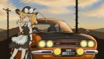  1girl apron back_bow black_headwear black_skirt black_vest blonde_hair blue_sky blush bow braid breasts car closed_eyes closed_mouth cloud cookie_(touhou) feet_out_of_frame frilled_apron frills hair_bow hat hat_bow isuzu_bellett kirisame_marisa long_hair medium_bangs mgrm_ysnr motor_vehicle outdoors petticoat power_lines puffy_short_sleeves puffy_sleeves pun red_bow shirt short_sleeves single_braid skirt skirt_set sky small_breasts smile solo star_(symbol) sunset suzu_(cookie) touhou turtleneck utility_pole v-shaped_eyebrows vest waist_apron waist_bow waving white_apron white_bow white_shirt witch_hat 