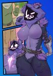  :3 absurd_res anthro bear biped blue_background breasts buta99 clothed clothing duo erection erection_under_clothing female fur hi_res human male mammal navel nipples purple_body purple_fur raven_team_leader simple_background 