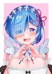  1girl absurdres black_bow black_ribbon black_sleeves blue_eyes blue_hair border bow breasts cleavage detached_sleeves eyes_visible_through_hair hair_ornament hair_over_one_eye hair_ribbon hairband heart heart-shaped_pupils heart_hands highres large_breasts maid neck_ribbon open_mouth pink_background pink_pupils pink_ribbon piyopoyo re:zero_kara_hajimeru_isekai_seikatsu rem_(re:zero) ribbon short_hair solo symbol-shaped_pupils white_border x_hair_ornament 