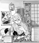  1girl 2boys arataki_itto bad_id bad_twitter_id brother_and_sister calligraphy_brush dated energy_drink exhausted food genshin_impact greyscale hekehekebun highres indoors ink_stamp japanese_clothes kamisato_ayaka kamisato_ayato kimono long_hair looking_down messy_hair monochrome multiple_boys onigiri paintbrush paper_stack siblings sleep_bubble sleeping sliding_doors thoma_(genshin_impact) working writing zzz 