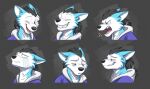 2018 anthro black_hair blue_body blue_clothing blue_eyes blue_fur blue_hoodie blue_topwear blush bodily_fluids bust_portrait canid canine canis clothing countershading crying ears_back expression_sheet eyes_closed fur hair hoodie looking_down male mammal multiple_images one_eye_closed open_mouth pink_tongue pivoted_ears ponytail portrait rou_kemonone smile solo tears teeth temiree tongue topwear utau wink wolf yelling 