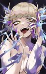  1girl absurdres blonde_hair blunt_bangs boku_no_hero_academia breasts double_bun fangs fengling_(furin-jp) hair_bun hands_up highres looking_at_viewer messy_hair nude paint slit_pupils small_breasts solo toga_himiko tongue tongue_out upper_body yellow_eyes yellow_nails 