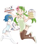  2girls alternate_costume bare_arms blue_eyes blue_hair cherry cleavage_cutout clothing_cutout flower food fruit green_eyes green_hair hair_flower hair_ornament highres holding holding_plate lana_(pokemon) looking_at_viewer mallow_(pokemon) multiple_girls oshawott piplup plate pokemon pokemon_(creature) pokemon_(game) pokemon_sm sharpedo simple_background smile thighhighs twintails u4_99384295 white_background 