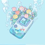  air_bubble aqua_background artist_name bubble commentary_request flower game_boy game_boy_(original) handheld_game_console highres hiro046k leaf nintendo no_humans pink_flower pink_rose plant rose simple_background still_life twitter_username white_flower yellow_flower 