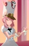  1girl absurdres baton_(conducting) blurry blurry_background blush bone breasts closed_eyes closed_mouth commentary depth_of_field dress eyelashes feathers frilled_wrist_cuffs hair_up hat hat_feather heart highres holding jakuzure_nonon kill_la_kill light_blush light_smile peaceful pink_feathers pink_hair puffy_short_sleeves puffy_sleeves shako_cap short_sleeves sidelocks skull small_breasts smile solo standing swept_bangs symphony_regalia takushii upper_body white_dress 