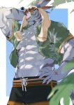  1boy abs absurdres animal_ears arm_behind_head bara bare_pectorals eyewear_on_head furry furry_male hand_on_own_hip high_ponytail highres looking_to_the_side lvluri_(murimurri670) male_focus multiple_scars muscular muscular_male nimbus_(world_flipper) open_clothes open_shirt palm_leaf pectorals scar scar_on_hand scar_on_stomach short_shorts shorts sunglasses sweat tail tiger_boy tiger_ears tiger_stripes tiger_tail towel towel_on_head very_sweaty world_flipper 