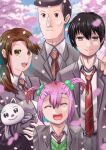  2boys 2girls :d animal belt black_hair brown_eyes brown_hair cat cherry_blossoms family gomez_(koukousei_kazoku) grey_jacket hair_bobbles hair_ornament hand_on_another&#039;s_shoulder holding holding_animal ietani_haruka ietani_ichiro ietani_kotaro ietani_shizuka jacket koukousei_kazoku multiple_boys multiple_girls necktie outdoors school_uniform short_twintails smile twintails xenobladecarna 