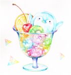  aoimotiduki bird cherry cup food food_focus fruit gelatin highres jelly_punch kiwi_(fruit) kiwi_slice no_humans orange_(fruit) orange_slice original painting_(medium) penguin simple_background traditional_media triangle watercolor_(medium) white_background 