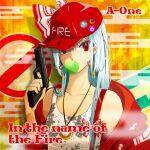  1girl a-one album_cover alternate_costume bare_shoulders baseball_cap bow bow_earrings bubble_blowing camouflage_tank_top circle_name cover dangle_earrings earrings english_text eyelashes fog fujiwara_no_mokou game_cg gun hair_bow hair_over_shoulder handgun hat hat_pin holding holding_gun holding_weapon jacket jacket_partially_removed jewelry kuruizaki_flower long_hair looking_at_viewer official_art ofuda ofuda_on_clothes red_eyes red_headwear red_jacket red_trim road_sign sign solo straight_hair streetwear suspenders tank_top touhou touhou_cannonball upper_body weapon white_bow white_hair white_tank_top yellow_background 