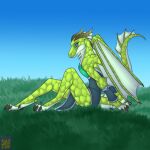  anthro armor bracers clothed clothing dragon female foxenawolf gradient_background grass green_body green_scales horn membrane_(anatomy) membranous_wings plant scales simple_background solo tail wings 