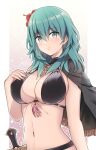  1girl bikini black_bikini black_capelet blush breasts byleth_(female)_(fire_emblem) byleth_(female)_(summer)_(fire_emblem) byleth_(fire_emblem) capelet cleavage closed_mouth commentary_request cowboy_shot dagger enlightened_byleth_(female) fire_emblem fire_emblem:_three_houses fire_emblem_heroes flower green_eyes green_hair hair_between_eyes hair_flower hair_ornament hand_on_own_chest hibiscus highres knife komurice large_breasts long_hair looking_at_viewer midriff navel official_alternate_costume red_flower sheath sheathed sideboob sidelocks single_bare_shoulder solo standing swimsuit tassel weapon 