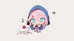  1girl arknights blue_eyes blue_jacket blue_poison_(arknights) blush cake chibi commentary dailybloopy food hood hood_up hooded_jacket index_fingers_together jacket long_hair looking_at_viewer low_twintails pink_hair simple_background solo twintails white_background 