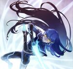  1boy androgynous black_bodysuit blue_bodysuit blue_hair bodysuit closed_mouth floating_hair glowing hair_between_eyes highres long_hair looking_at_viewer male_focus protagonist_(smtv) shin_megami_tensei shin_megami_tensei_v simple_background solo twitter_username very_long_hair yellow_eyes za210n 