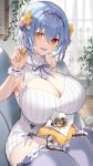  1girl absurdres alicia_renato_(yashiro_sousaku) blue_hair borrowed_character breasts cleavage_cutout clothing_cutout cookie flower food fukuda935 hair_flower hair_ornament hair_ribbon heterochromia highres holding holding_food huge_breasts light_blue_hair looking_at_viewer open_mouth original plant red_eyes ribbon slippers thighhighs window wrist_cuffs yellow_eyes 