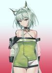  1girl animal_ear_fluff animal_ears arknights bare_shoulders black_panties blue_background breasts closed_mouth collarbone commentary dress gradient_background green_dress green_eyes grey_hair highres jacket kal&#039;tsit_(arknights) long_sleeves looking_at_viewer medium_breasts off-shoulder_jacket off_shoulder panties puffy_long_sleeves puffy_sleeves red_background see-through siguya solo underwear v-shaped_eyebrows white_jacket 