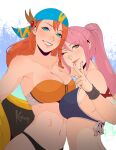  2girls artist_name bandana bikini blue_bandana blue_eyes breasts cleavage green_eyes highres jacket koyorin large_breasts long_hair looking_at_viewer minayle_(monster_hunter) monster_hunter_(series) monster_hunter_rise multiple_girls navel off_shoulder one_eye_closed orange_hair pink_hair ponytail smile strapless strapless_bikini swimsuit v yellow_jacket 