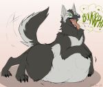  bow_(bowhuskers) burping canid canine canis english_text feral fluffy fluffy_tail fur green_eyes grey_body grey_fur hand_on_stomach huge_belly lying male mammal on_front open_mouth pippuri solo tail tail_motion tailwag tero-dragon text tongue vore wolf 