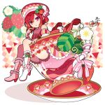  1girl bare_shoulders cup elina_(e2n04n) food footwear_ribbon fruit hat original red_hair saucer skirt solo strawberry strawberry_hat_ornament teacup 